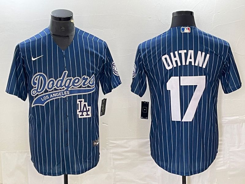 Men Los Angeles Dodgers #17 Ohtani Blue stripe Nike Game MLB Jersey style 3